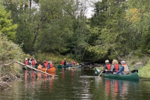 Flere kanoer som padler inn i en bukt