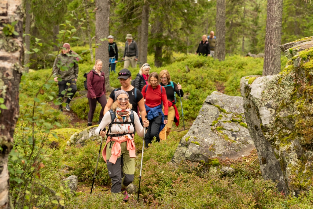 Kursdeltakere på skogstur i nydelig høstvær